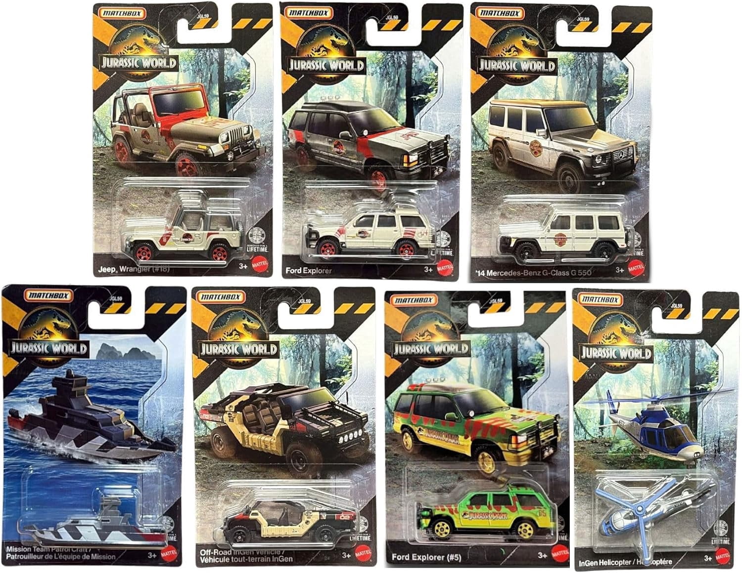 Matchbox Jurassic World Die-Cast Vehicle Set, 7 Pieces, Ages 3+, Ford Explorer, Jeep Wrangler, Mercedes-Benz, Helicopter JGL59-979C