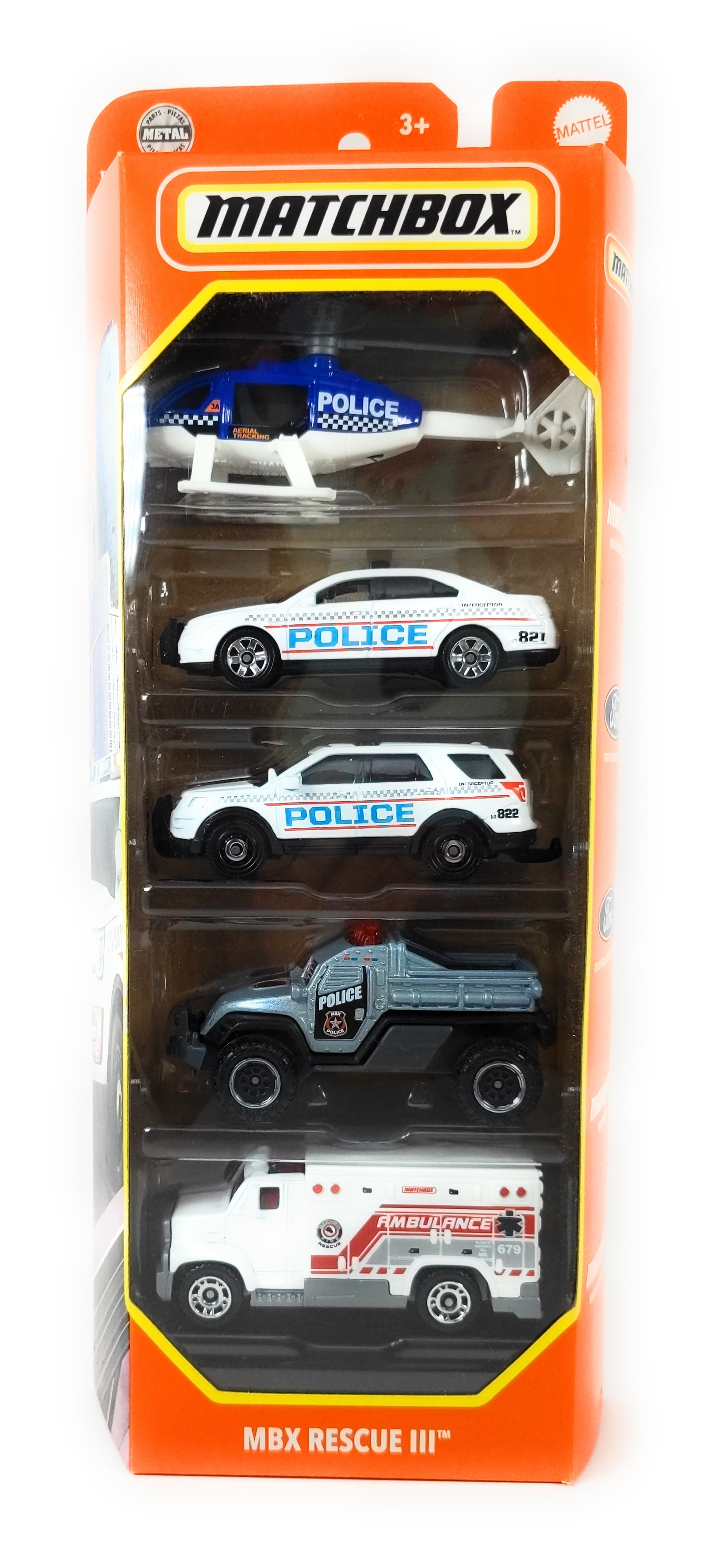 Matchbox MBX Rescue III 5 Pack Helicopter, Ford Police Interceptor ...