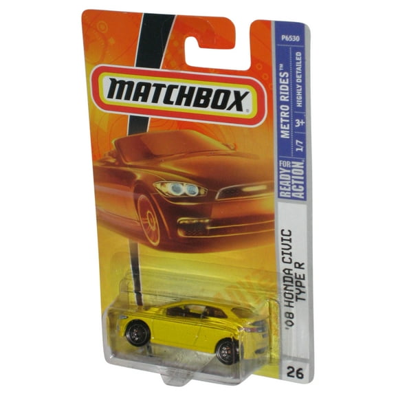 Matchbox Metro Rides 1/7 (2008) Yellow '08 Honda Civic Type R Toy Car #26