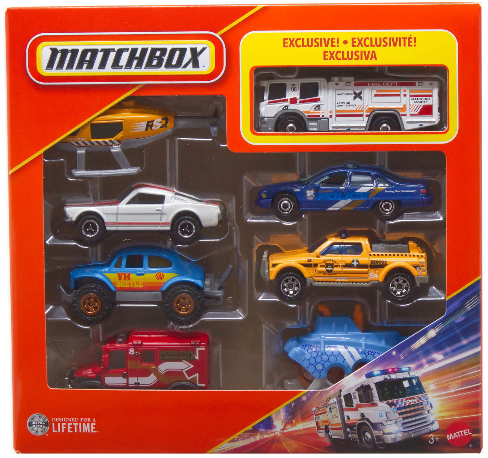 Matchbox Rescue Helecopter, '65 Ford Mustang GT, VW Beetle 4x4, Scrambulance 4x4, Scania P360 Fire Truck, Chevy Captrice, Rescue 4x4 & Deep Diver Diecast Car 8-Pack