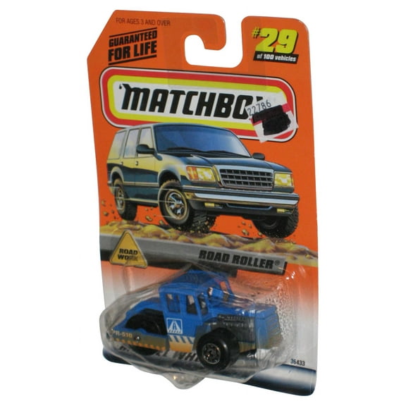 Matchbox Road Work Road Roller (1998) Blue Die-Cast Construction Toy 29/100 - (Damaged Packaging)