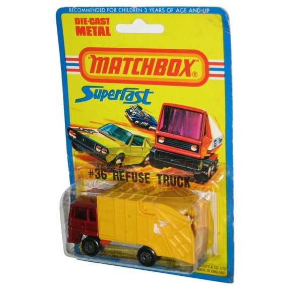 Matchbox Superfast Lesney (1976) Yellow & Red Refuse Truck Toy #36