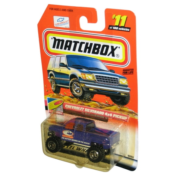 Matchbox To The Beach (1999) Purple Chevrolet Silverado 4x4 Pickup Toy Truck #11 - (Cracked Plastic)