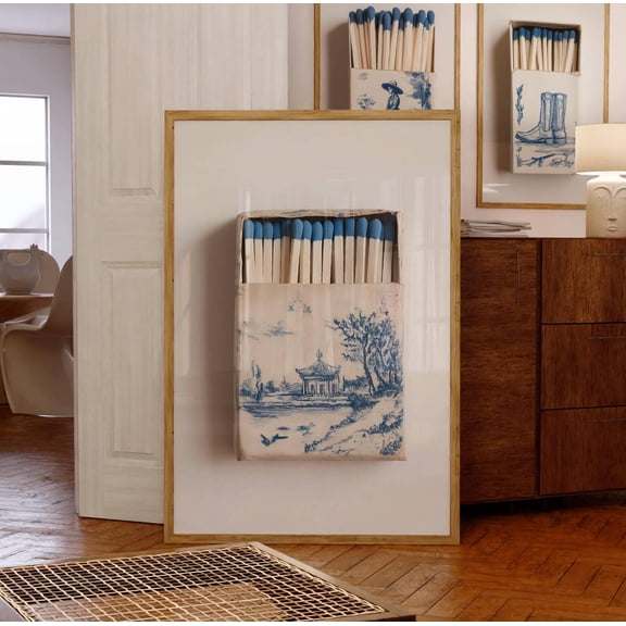 Matchbox With Blue Chinoiserie Print Millennial Granddaughter Toile Chinoiserie Cobalt Blue White Western Decor Trendy, Unframed Paper Print