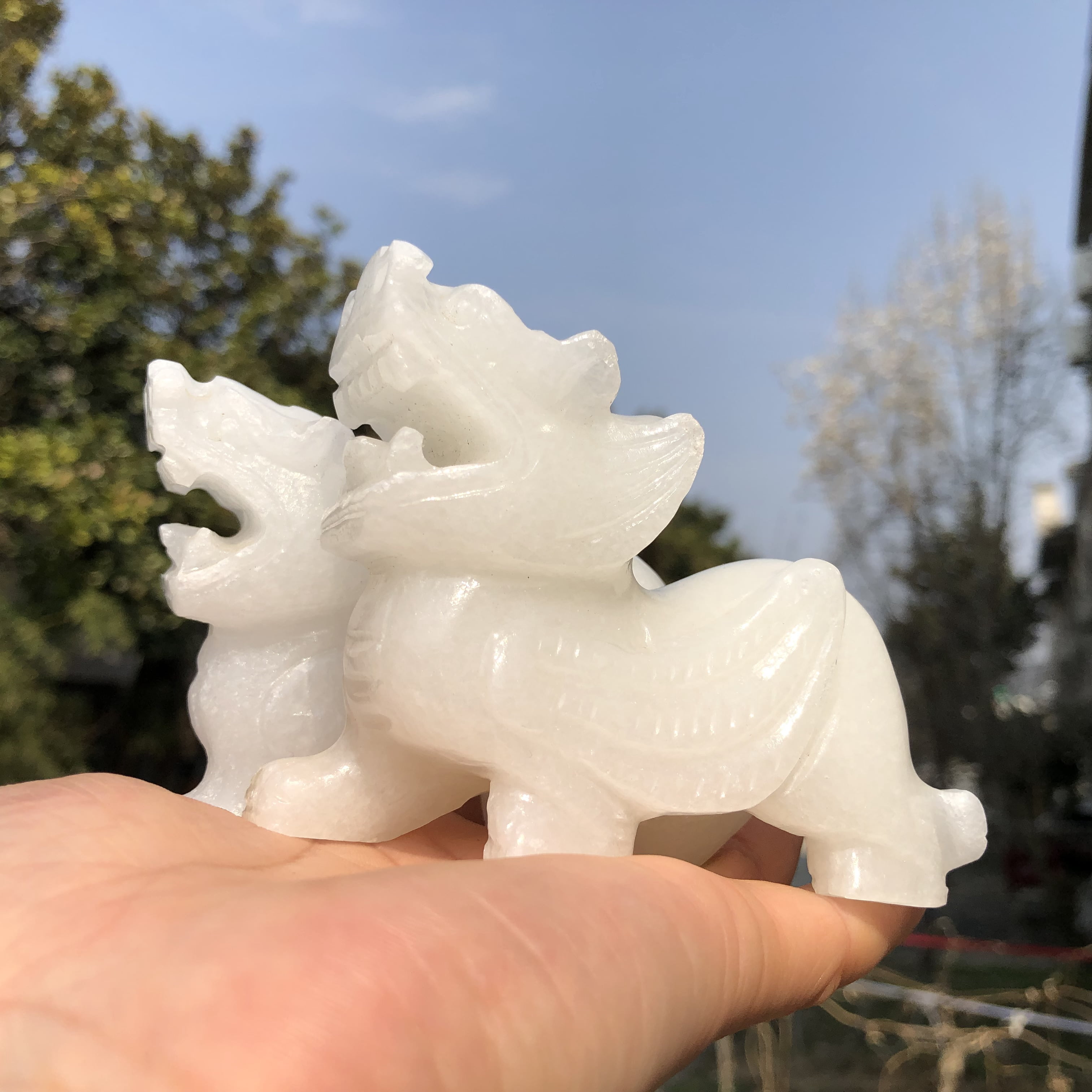 Matched pair of Nephrite Stone Carved Jade wealth Pixiu Sculpture Natural white Crystal mythical dragon beast Animal  Ornament home decor