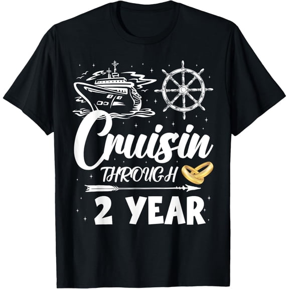 Matching 2nd T-Shirt Cruising Through 2 Years of Marriage WeddingMen's and women's gift, black and white T-shirt, size: Extra large S-4XL