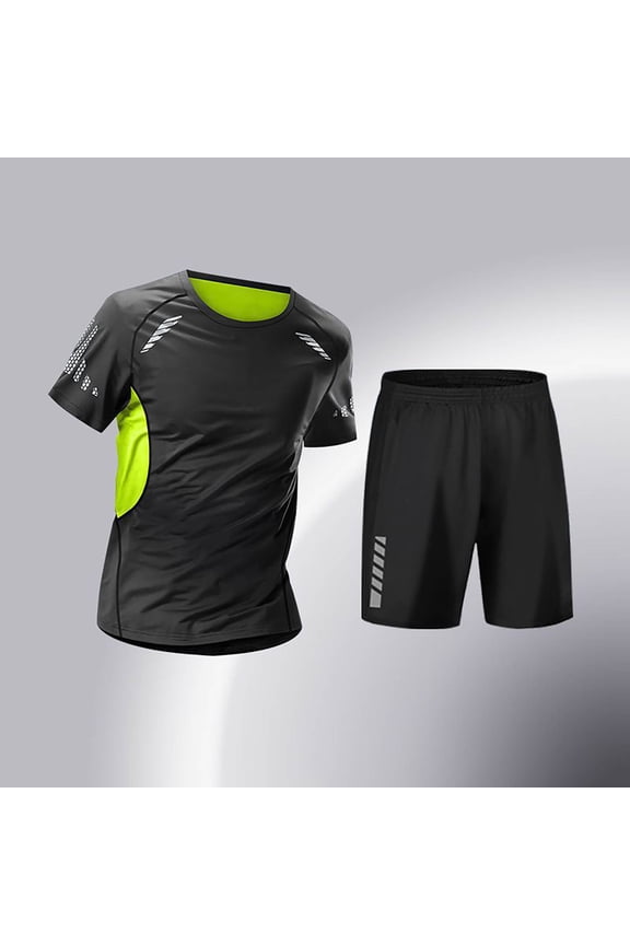 Matching Airport Travel Outfit Men's Fitness Sports Set Dry Shirt High-Elasticity Running Training Basketball Outfit Morning Run Spring Summer Cycling Suit Set Green M