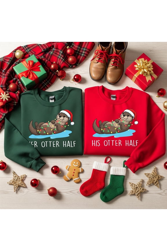 Matching Christmas Couples Sweaters, Funny His Hers Otter Half Holiday Sweater, Cozy Xmas Crewneck Gift