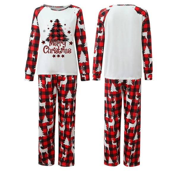 Matching Christmas Pajamas for Family Graphic Xmas Tree Casual Letter Printed Crew Neck Long Sleeve Shirts Comfy Plaid PJ Sleepwear Outfits Women Red L