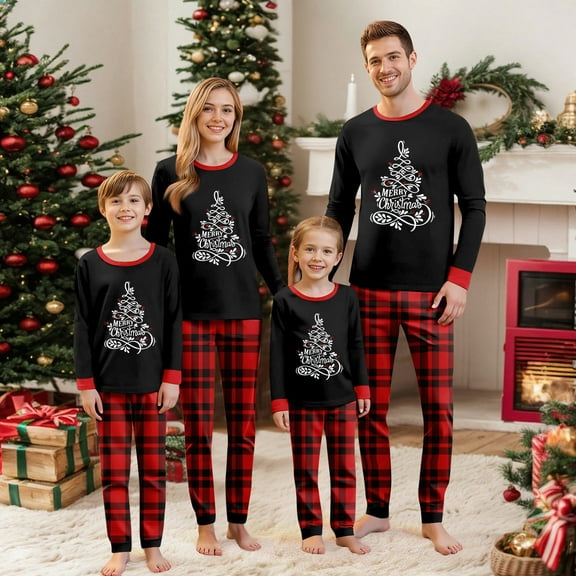 Matching Christmas Pajamas, Family Matching Christmas Pajamas Set, Christmas Print Long-Sleeved T Shirt Tops   Black And Red Plaid Trousers Holiday Sleevewear Outfits, Merry Christmas-F