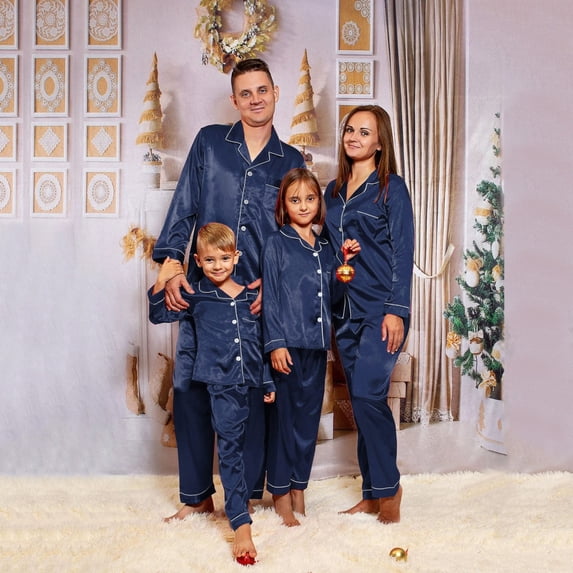 Matching Family Pajamas Solid Silk Christmas Pajama Matching Sets Button Down Matching Xmas Pjs For Family Christmas Gifts Sets Navy Pajamas for Mom Pajamas
