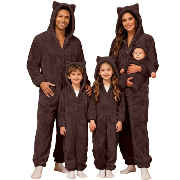 Matching Christmas Pajamas Jumpsuit Warm Windproof Snowsuit Romper with Cat Ears Hood Christmas Casual Wear Pajamas
