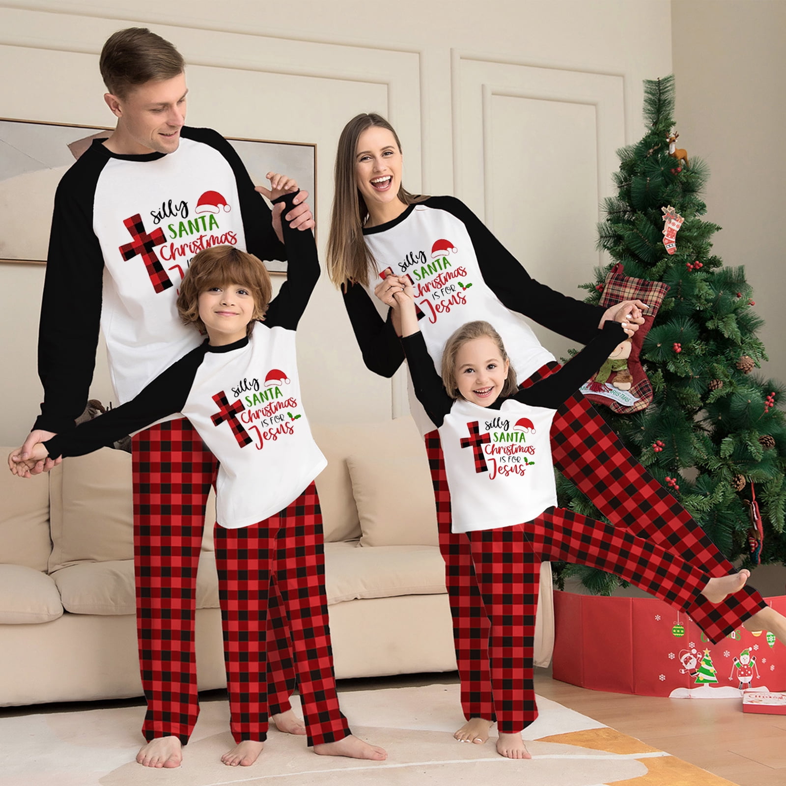 Matching Christmas Pajamas For Family Letter Print Tops and Plaid Pants