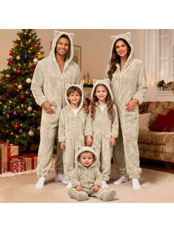 Matching Christmas Pajamas Home Wear Hoodid Pajamas Long Sleeve Zip Up Union Suits Fleece Festival Party Sleepwear Khaki(Dad) S