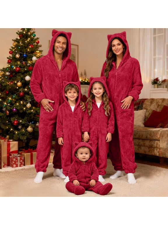 Matching Christmas Pajamas Home Wear Hoodid Pajamas Long Sleeve Zip Up Union Suits Fleece Festival Party Sleepwear Red(Dad) 2XL