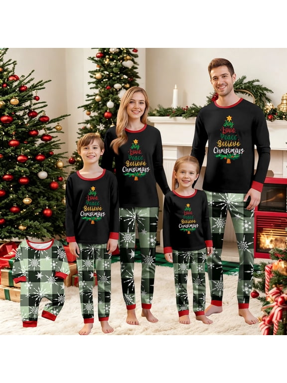 Matching Christmas Pajamas, Joy Love Peace Tree Graphic Top and Plaid Snowflake Pants Soft Cozy Long Sleeve Sleepwear, Family Outfits for Everyone Warm Winter Nights