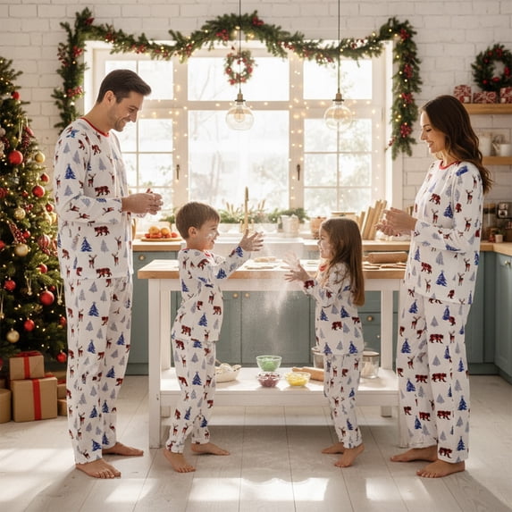 Matching Christmas Pajamas for Family Bear Reindeer Tree Print Sleepwear Outfits with Dog