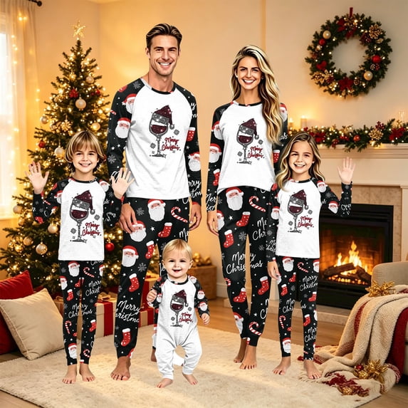 Matching Christmas Pajamas for Family Cute Xmas Red Wine Glass Crewneck Raglan Tops with Pants Matching Holiday Lounge Set Pjs