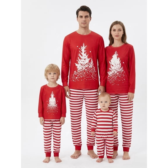 Matching Christmas Pajamas for Family Long Sleeve Tree Print Tops Plaid Pants Set Loungewear