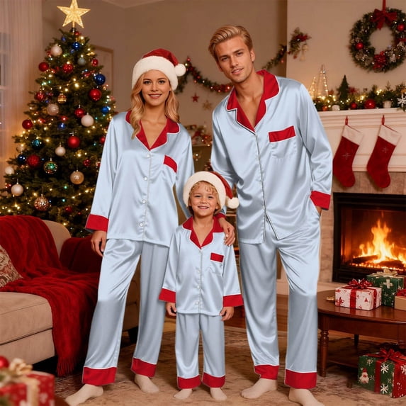 Matching Christmas Pajamas for Family Satin Christmas Pajamas Long Sleeve Button down Sleepwaear Holiday Matching Pajama Sets