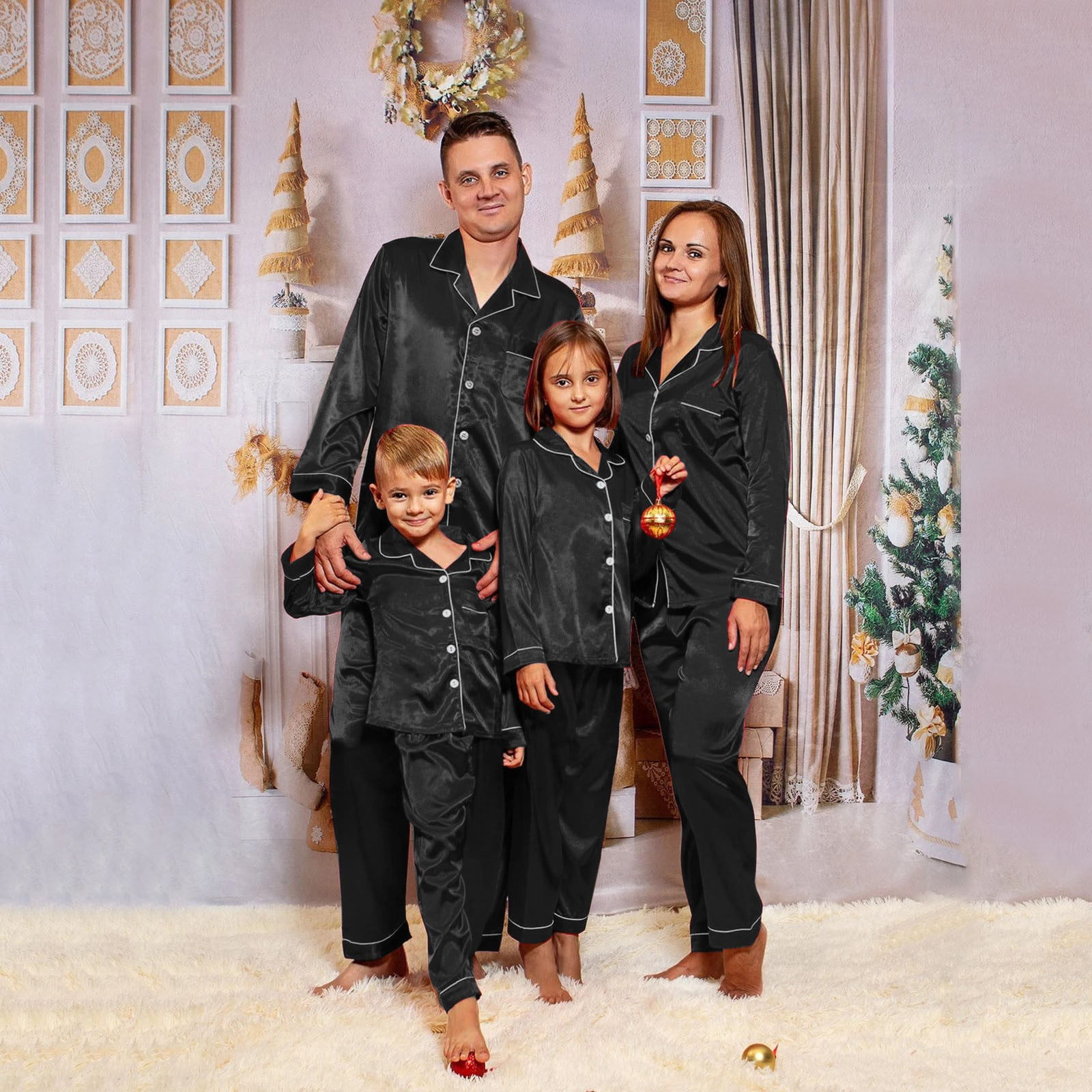 Schbbbta Family Matching Christmas Pajama Set – Satin Long Sleeve PJs With Button Down, Holiday Sleepwear – Black, Large