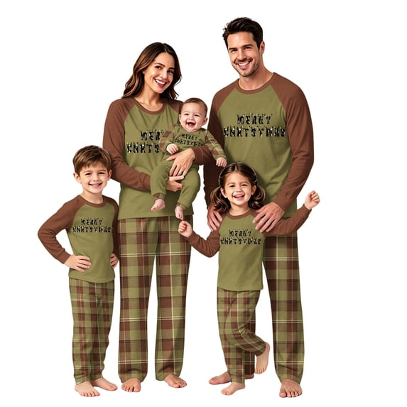 Matching Christmas Pajamas for Family, Ultra-Soft Cotton Holiday Pajamas, Xmas Letter Print Brown Raglan Green Plaid Pjs Pants
