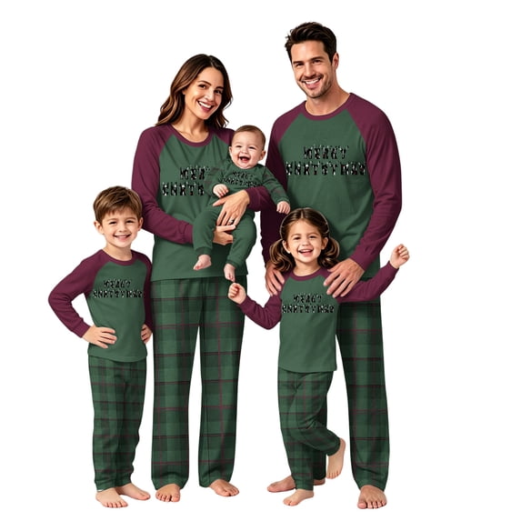 Matching Christmas Pajamas for Family, Ultra-Soft Cotton Holiday Pajamas, Xmas Letter Print Purple Raglan Green Plaid Pjs Pants
