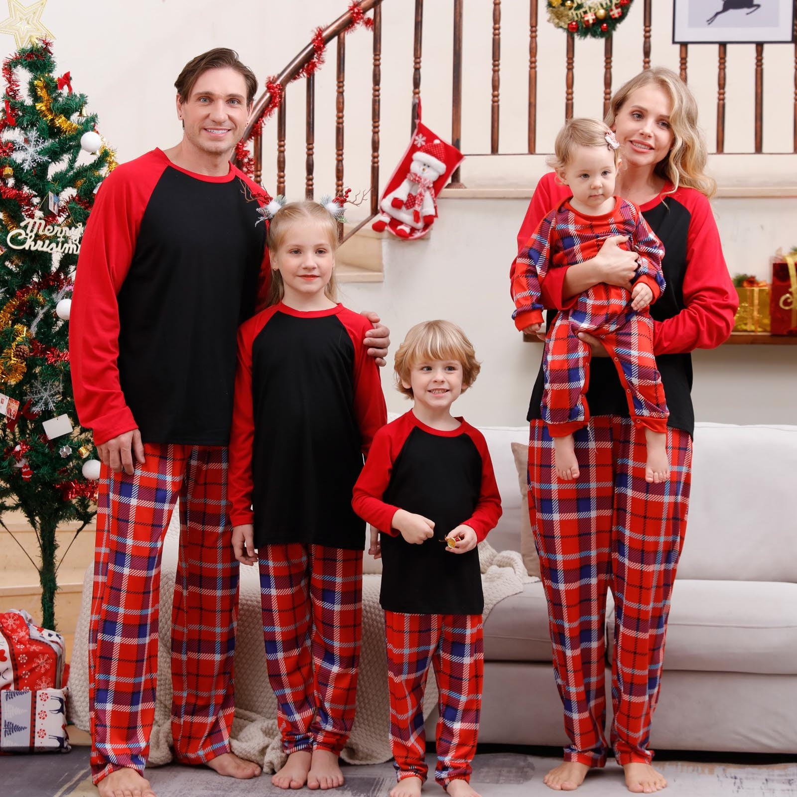 Matching Christmas Pjs for Family Plain Long Sleeve Nightgown Plaid ...