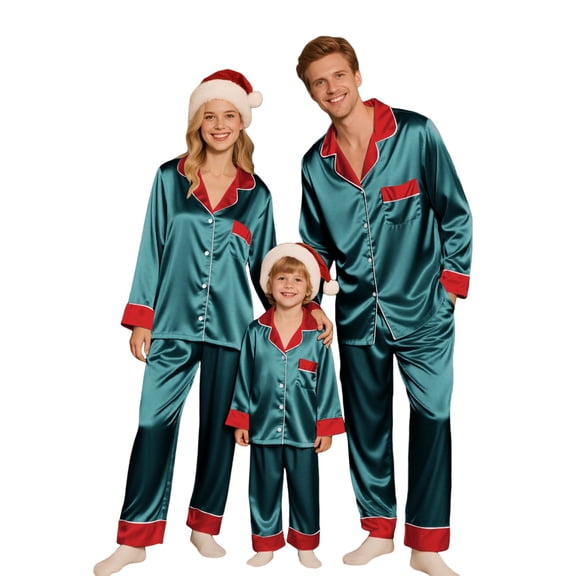 Matching Christmas Pjs for Family Silk Satin Holiday Matching Pajamas Sets Long Sleeve Button Down Comfy Loungewear Sets