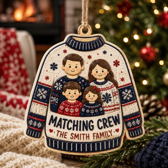 Matching Christmas Sweater Family Scene Wooden Hanging Ornament