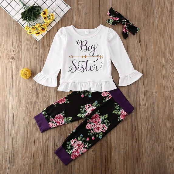 Matching Clothes Big Sister T-shirt Little Sister Romper+Long Pants Outfits Set Multi-color 1-2 Years