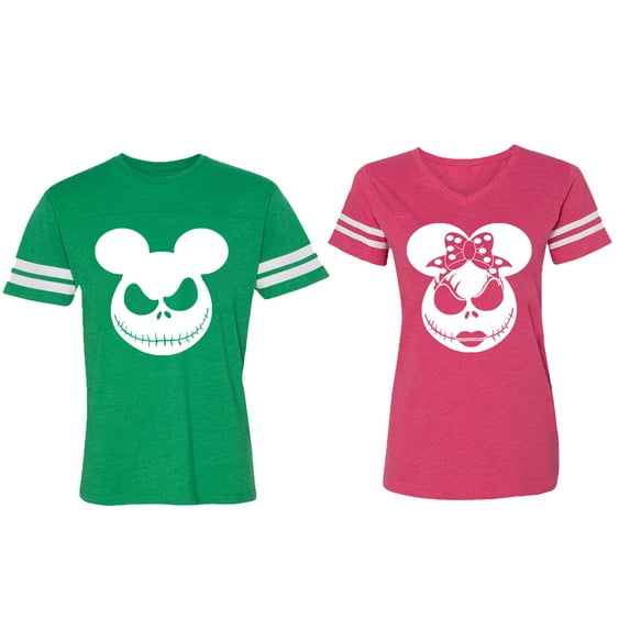Matching Couple Cotton Jerseys (Men Green / Women Pink) (Men S / Women M)