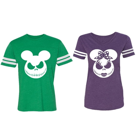 Matching Couple Cotton Jerseys (Men Green / Women Purple) (Men S / Women M)