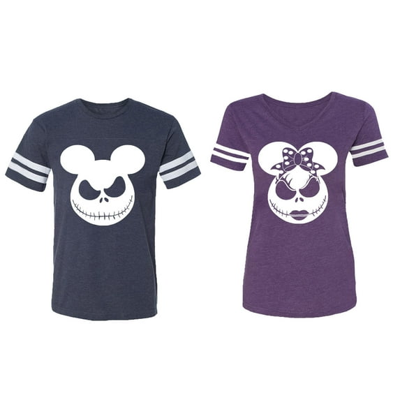 Matching Couple Cotton Jerseys (Men Navy / Women Purple) (Men S / Women XL)