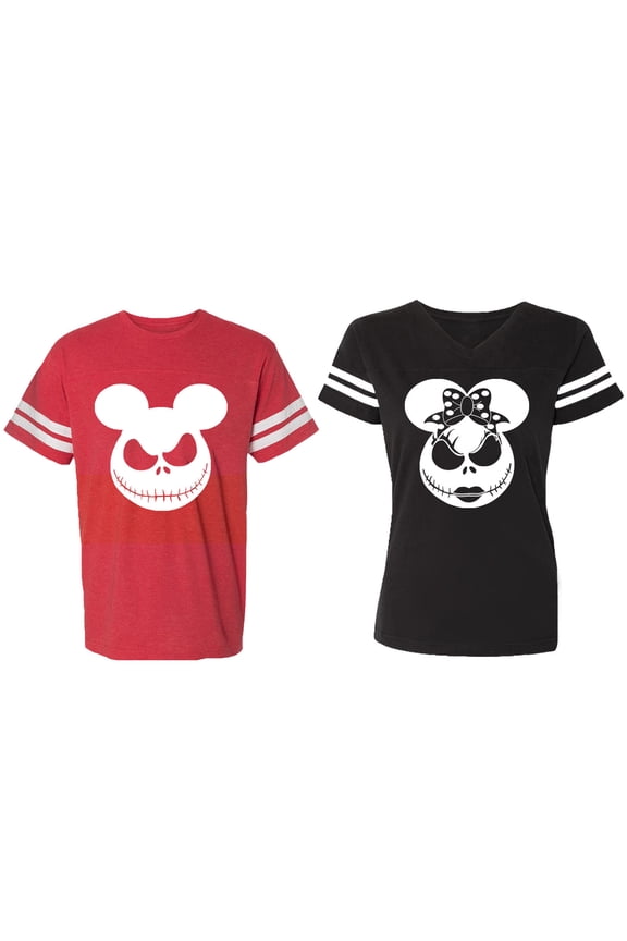 Matching Couple Cotton Jerseys (Men Red / Women Black) (Men S / Women S)
