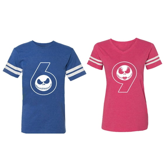Matching Couple Cotton Jerseys (Men Royal / Women Pink) (Men L / Women XXL)