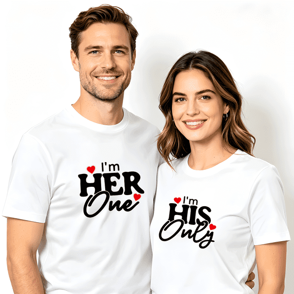 Matching Couple Crewneck Cotton T-Shirts His and Hers Casual White Valentine's Tees Men-S