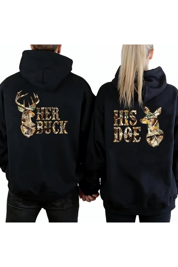 Matching Couple Hoodies His & Hers - Deer Hunting Print Sweatshirt with Golden Lettering, Symmetrical White Cuff & Drawstring Hood, Matching Anniversary/Christmas Outfit