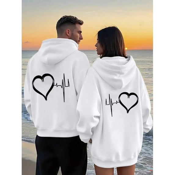 Matching Couple Hoodies, Heartbeat Love Graphic Black Pullover, Valentine's Day & Anniversary Gifts For Him And Her
