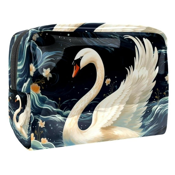 SwanPVC Cosmetic Storage Bag with Zipper, Travel Makeup Brush Case, Hanging Organizer for Makeup - Large Capacity Printed Design for Ladies and Girls Out