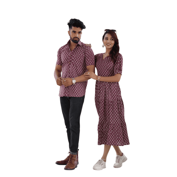 Maroon Ethnic Block Print Cotton Outfit Set for Men and Women