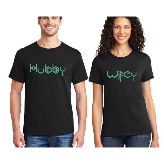 Matching Couple Shirts Hubby Wifey Men Women Couple Tshirts Printed Shirt (Black/Black) (Men M / Women 2XL)