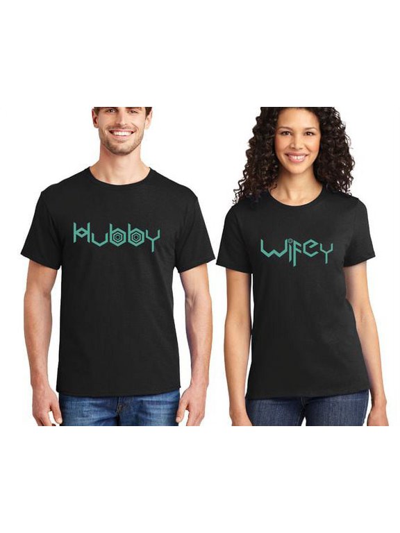 Matching Couple Shirts Hubby Wifey Men Women Couple Tshirts Printed Shirt (Black/Black) (Men M / Women S)