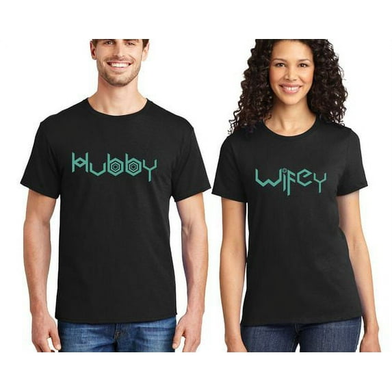 Matching Couple Shirts Hubby Wifey Men Women Couple Tshirts Printed Shirt (Black/Black) (Men XL / Women M)