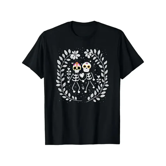 Matching Couple's Dia De Los Muertos Sugar Skull T-Shirt - Mexican Day of the Dead Design with Sweetheart's Name/Initials - Short Sleeve Casual Tee for &, Year-Round
