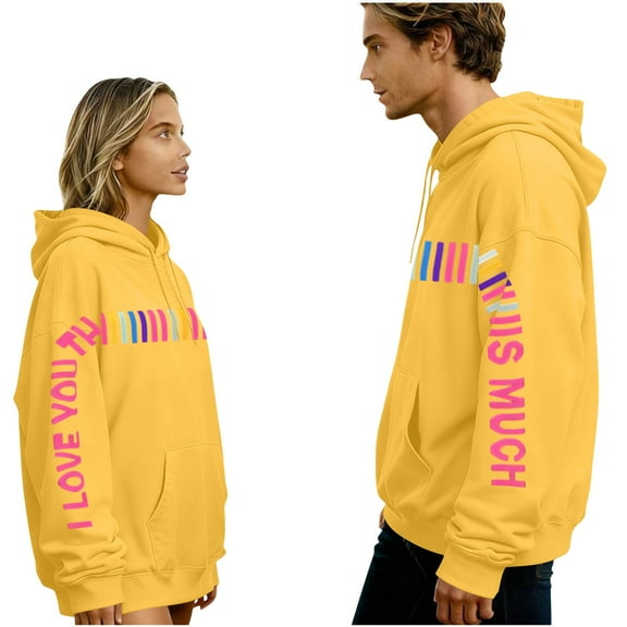 Matching Couples Hoodies I Love You This Much, Valentines Day Couples Hoodies Oversized Long Sleeve Sweatshirts Cute Message Print Pullover Tops