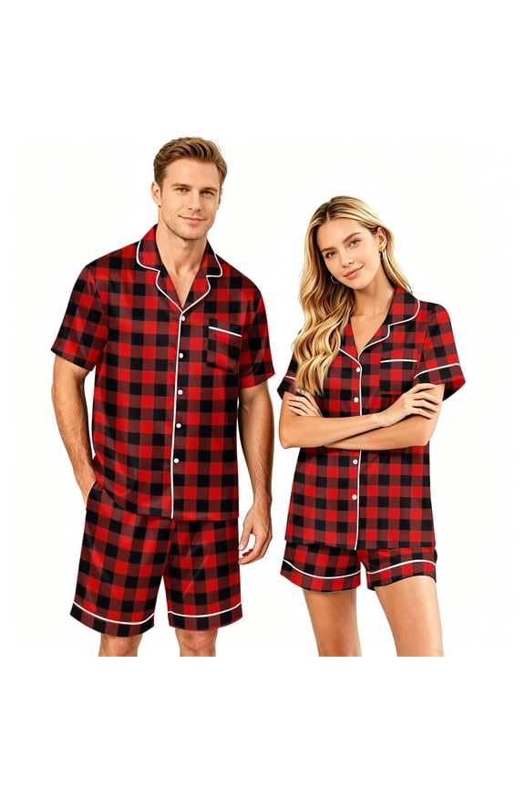 Matching Couples Pajamas Silk Satin Short Sleeve Button Down Pjs Sleepwear Soft 2 Pcs Pj Set(Men)
