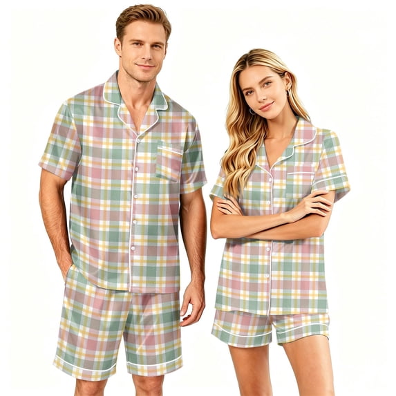 Matching Couples Pajamas Silk Short Sleeve Button Down Sleepwear Soft 2 Pcs Pj Set(Men)