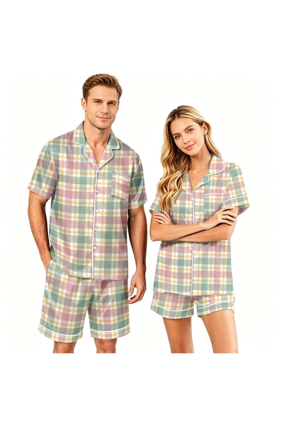 Matching Couples Pajamas Silk Short Sleeve Button Down Sleepwear Soft 2 Pcs Pj Set(Men)