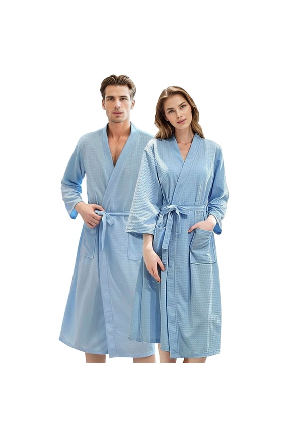 Matching Couples Pajamas Unisex Lightweight Lovers Robes Soft Warm Waffle Knit Solid Color Bathrobe Sleepwear Long Sleeve Loungewear with Pockets